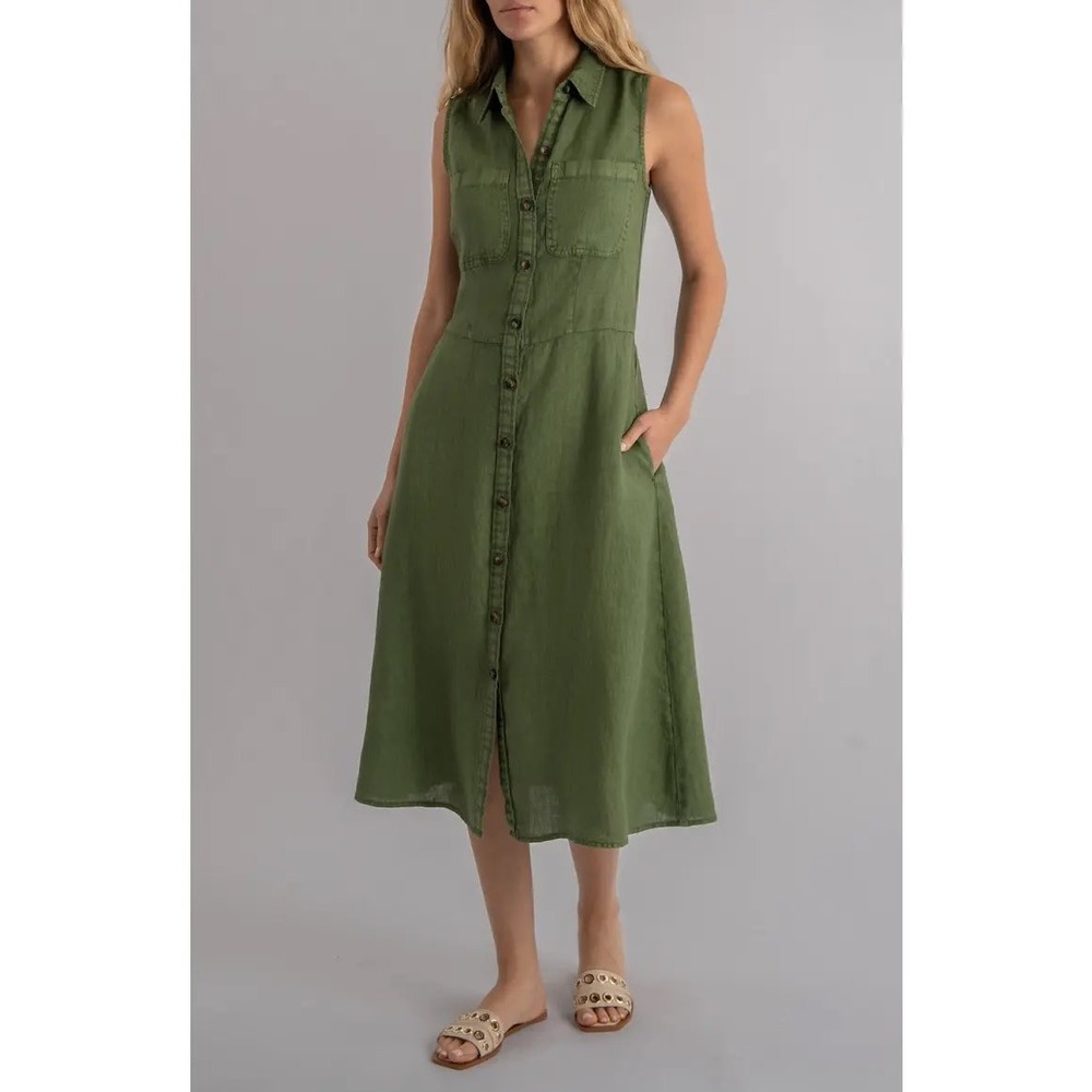 KUT from the Kloth Olive Green 100% Linen Sleeveless Midi Shirt Dress XS f5